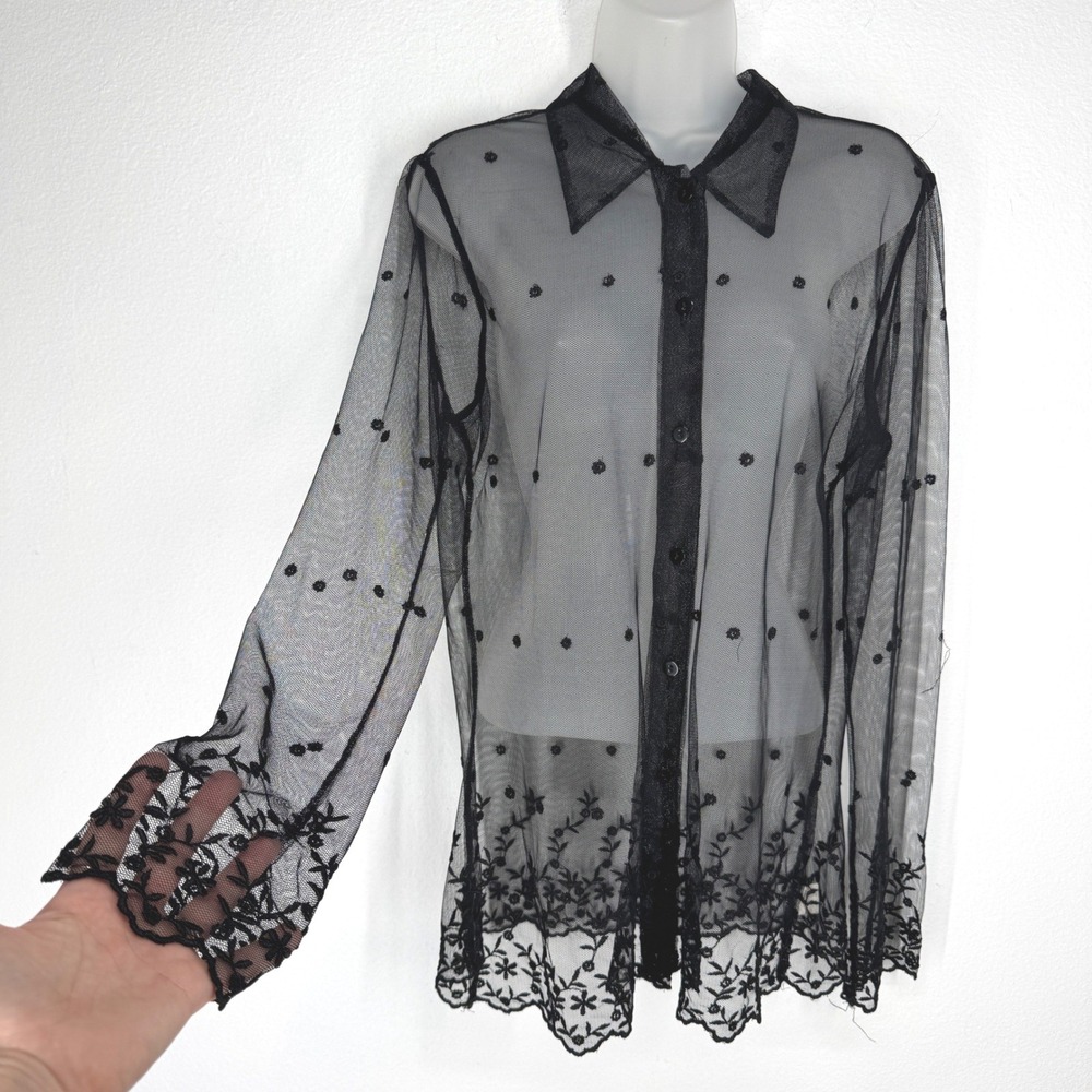 Vintage Sheer Black Mesh Floral Embroidered Lace Hem Button Down Top Size 12 USA